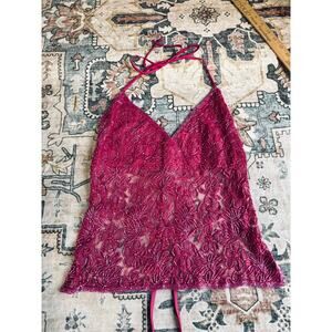 Vintage Hand Beaded y2k Open Back Tie Top Crop Pink Floral Halter Tank Medium